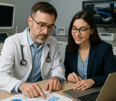 A physician and practice manager collaborate over-2-1-1