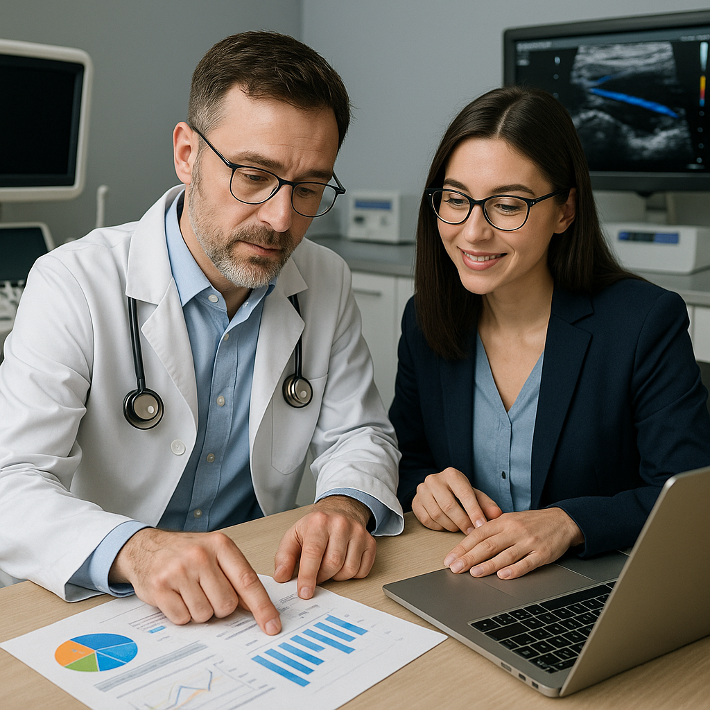 A physician and practice manager collaborate over