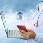 A doctor in a white coat with a stethoscope is holding a laptop and phone. The image is overlaid with a network concept denoting social media.